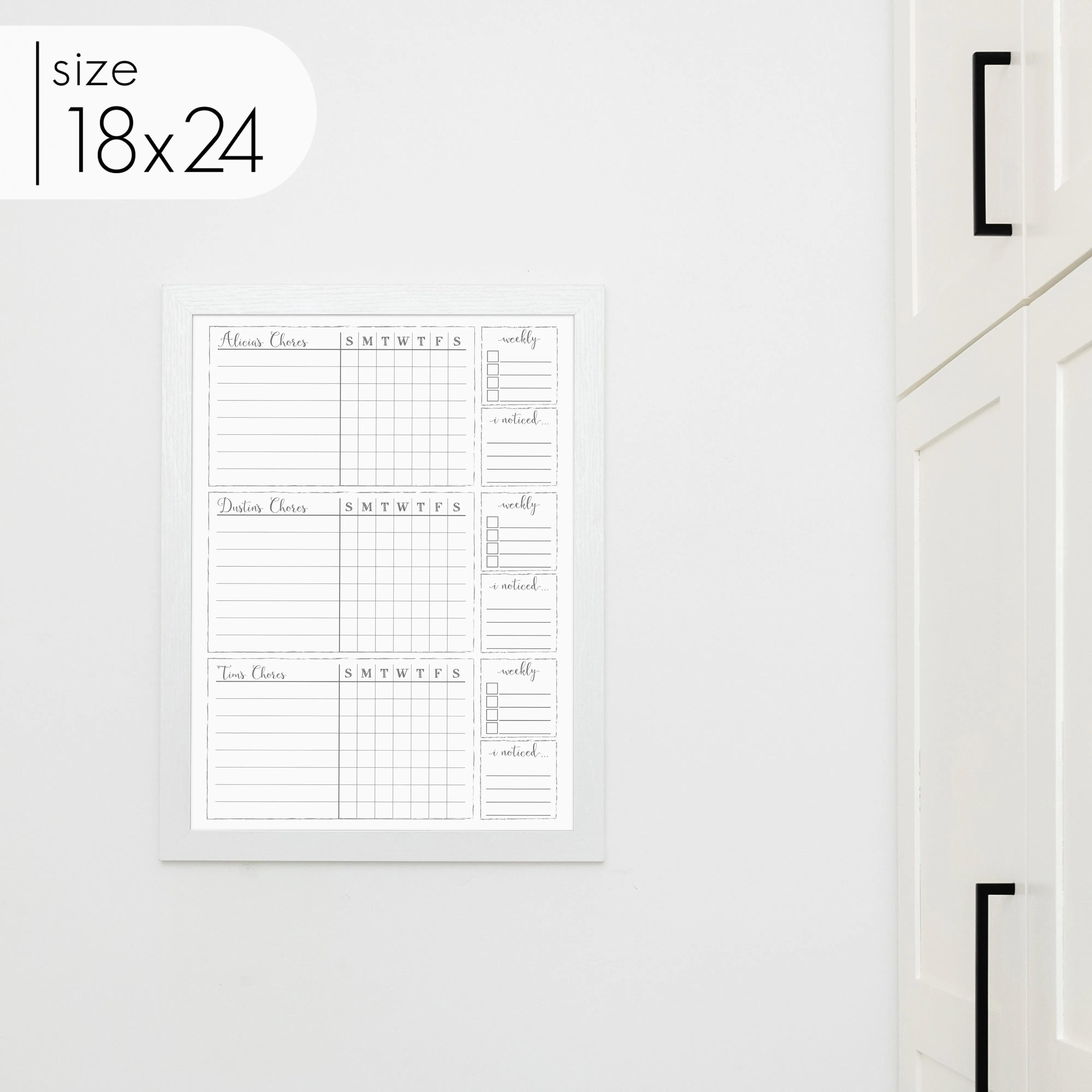 3 Person Framed Whiteboard Chore Chart  | Vertical Knope