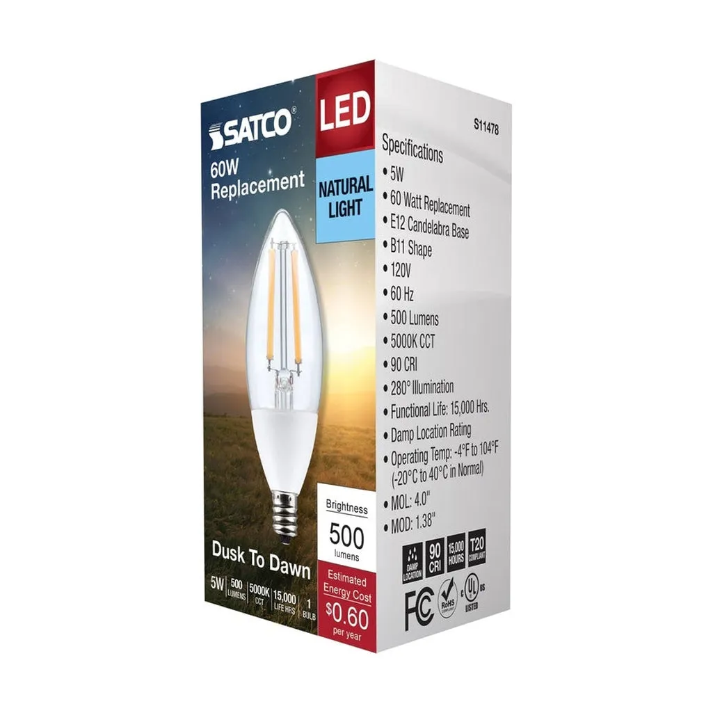 5W B11 - Dusk to Dawn LED - 5000K - Candelabra Base - 120V - 90 CRI - With Photocell