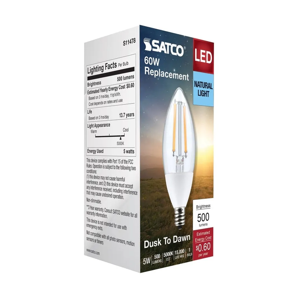 5W B11 - Dusk to Dawn LED - 5000K - Candelabra Base - 120V - 90 CRI - With Photocell