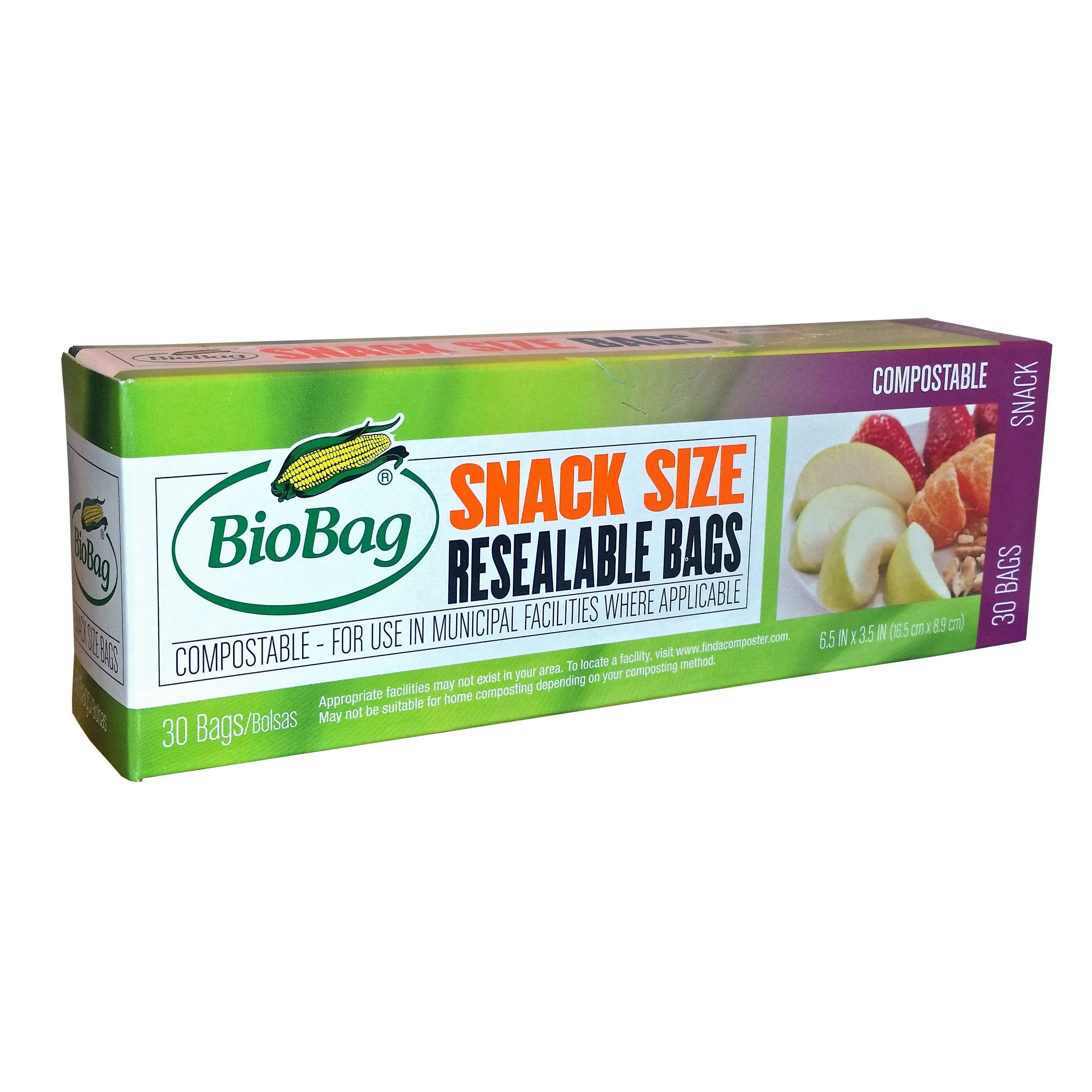 6.5" x 3.5" x 1.8 mil Snack Size Green Compostable Plastic Ziplock Bags with Resealable Ziplock (360 Bags, 30 Bags/Box, 12 Boxes/Case)