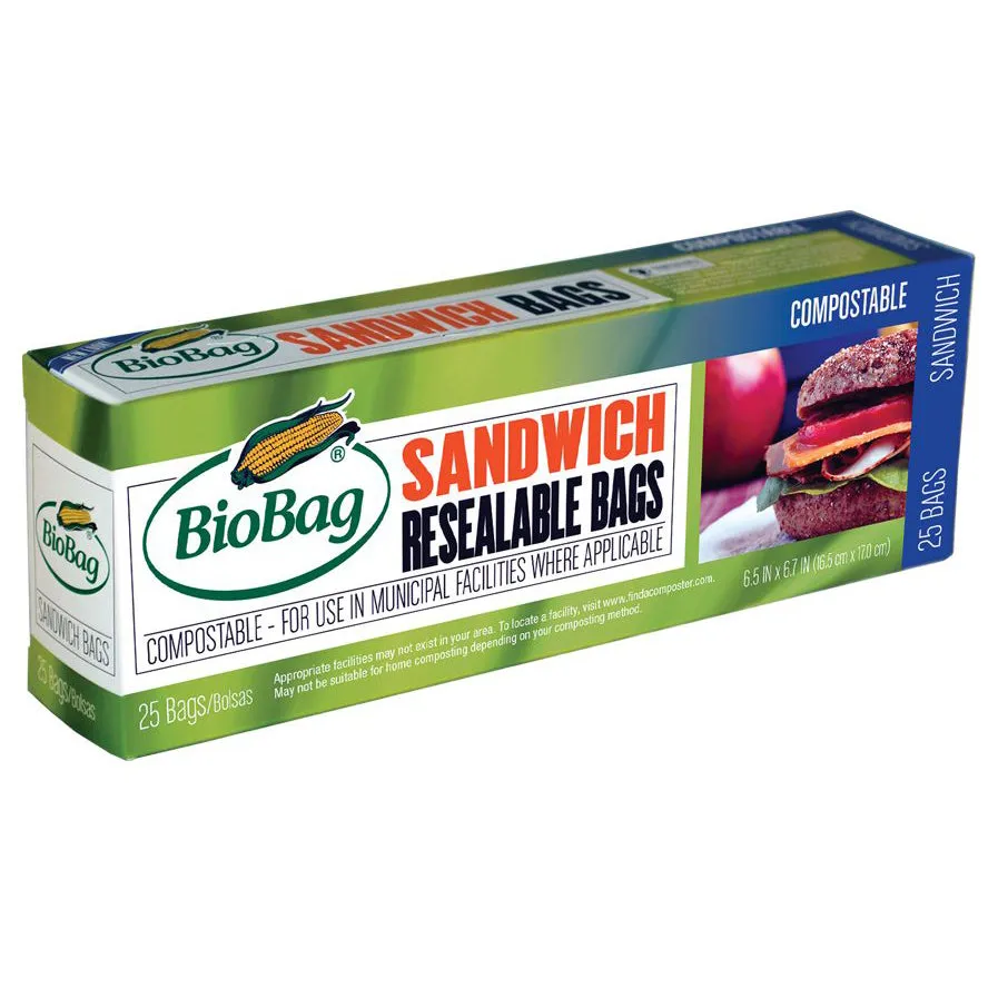 6.5" x 6.7" x 1.8 mil Quart/Sandwich Size Green Compostable Plastic Ziplock Bags with Resealable Ziplock (300 Bags, 25 Bags/Box, 12 Boxes/Case)