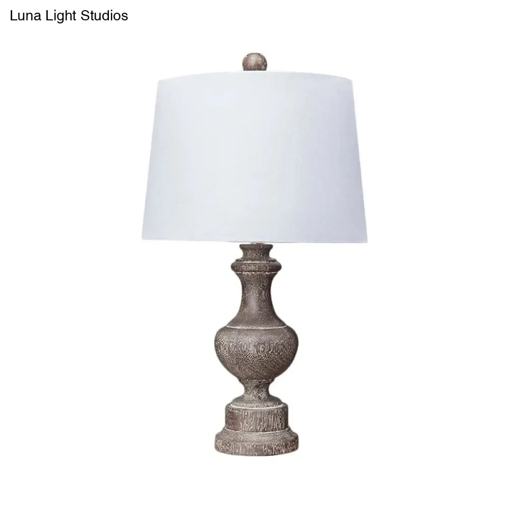 Antique Fabric Bedside Lamp with White Barrel Shade and Urn Base