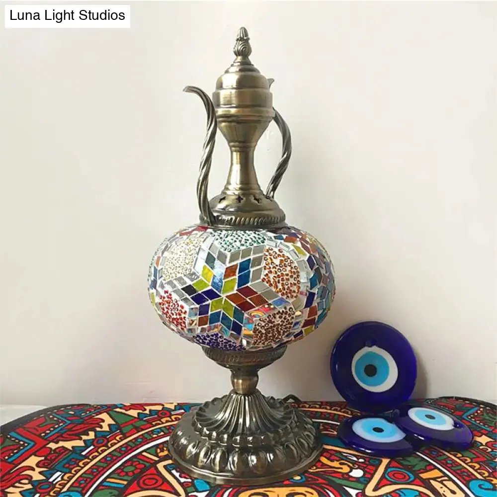 Antique Small Desk Lamp - White/Red/Orange Glass Sphere - 1 Bulb Task Lighting with Metal Base for Living House