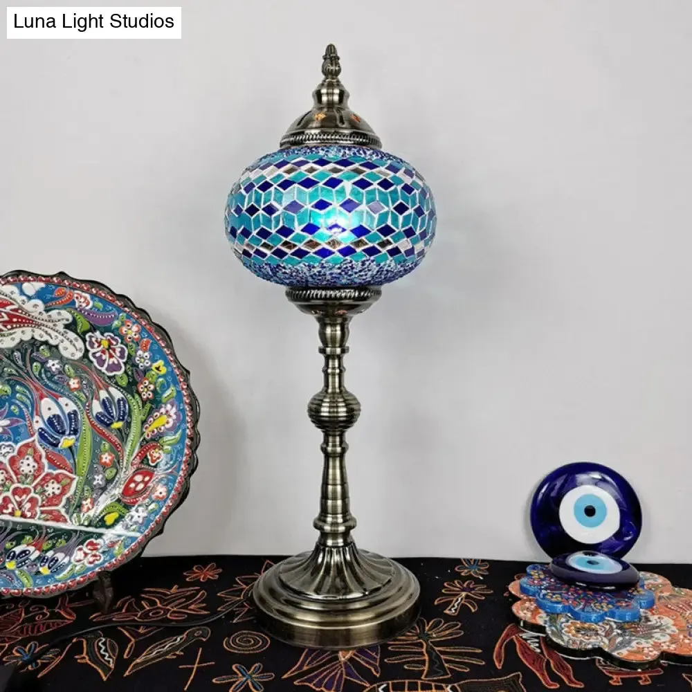 Antique Stained Glass Night Table Light with Elliptical Design – Perfect for Bedroom Desk – White/Red/Blue Options