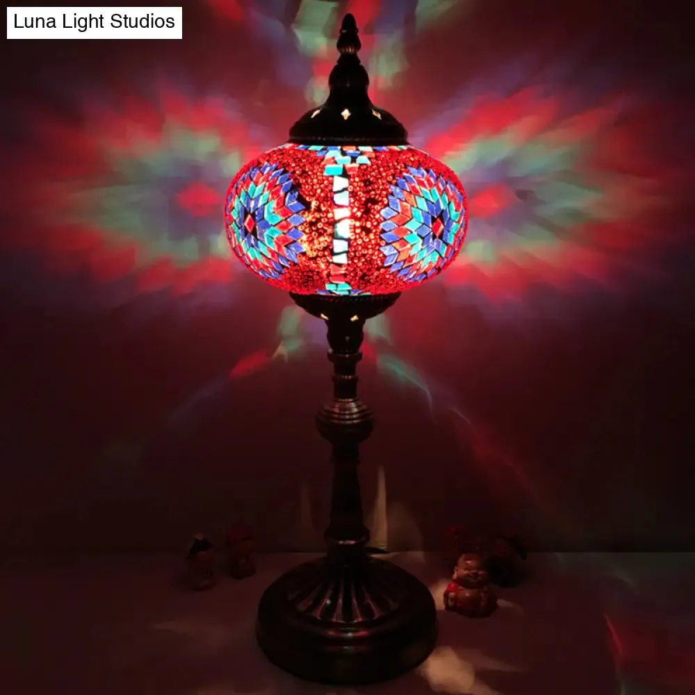 Antique Stained Glass Night Table Light with Elliptical Design – Perfect for Bedroom Desk – White/Red/Blue Options