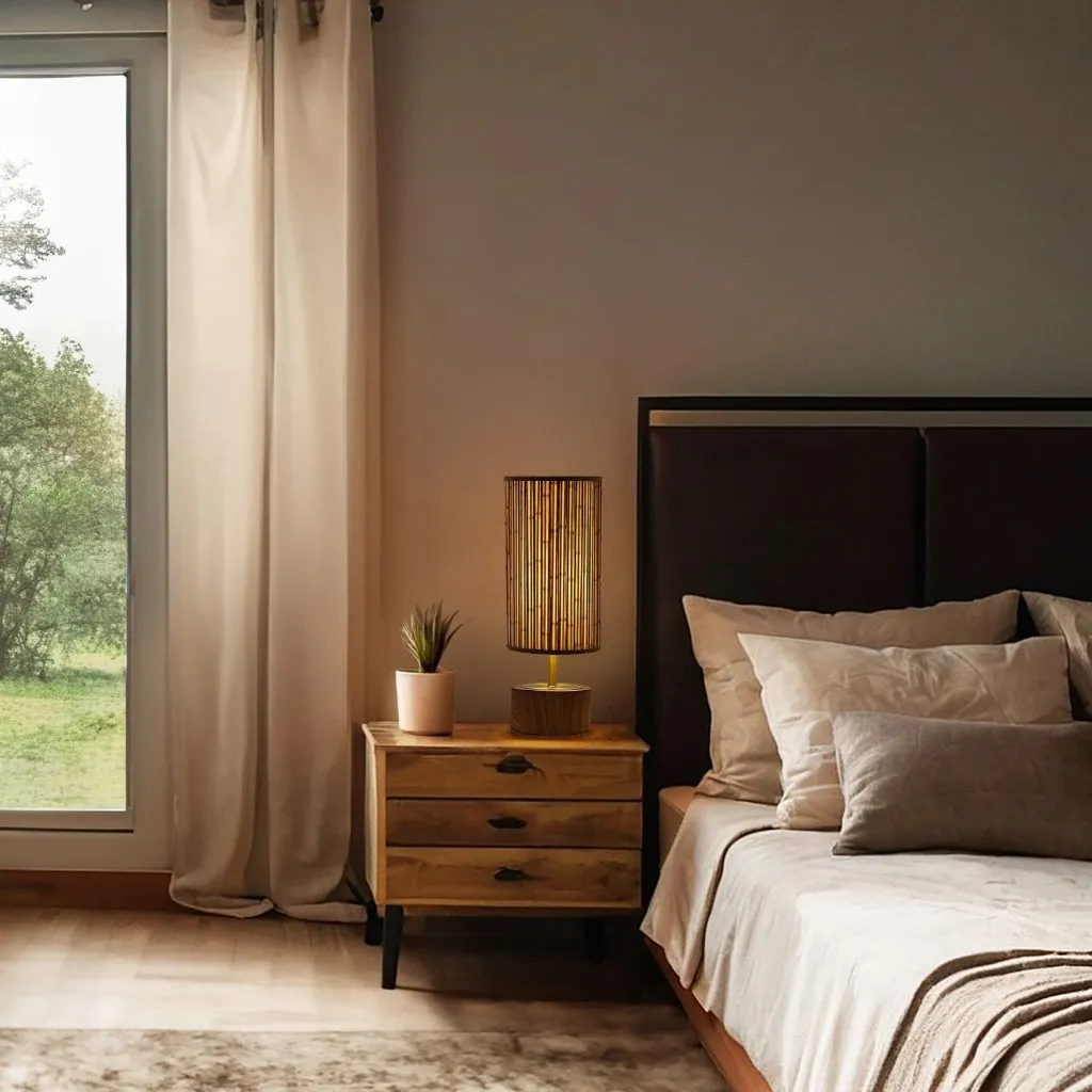 Bamboo Printed Stick Shade, Touch Lamp, Cherry Base