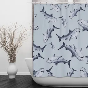 Blue Shark Shower Curtains and Optional Bath Mats