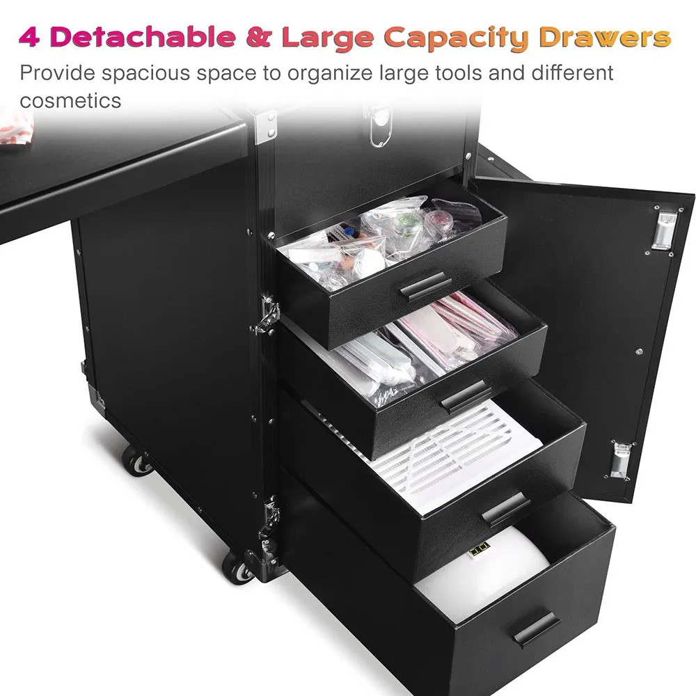 Byootique Rolling Pedicure Table, Hair & Makeup Workstation with Drawers Stool