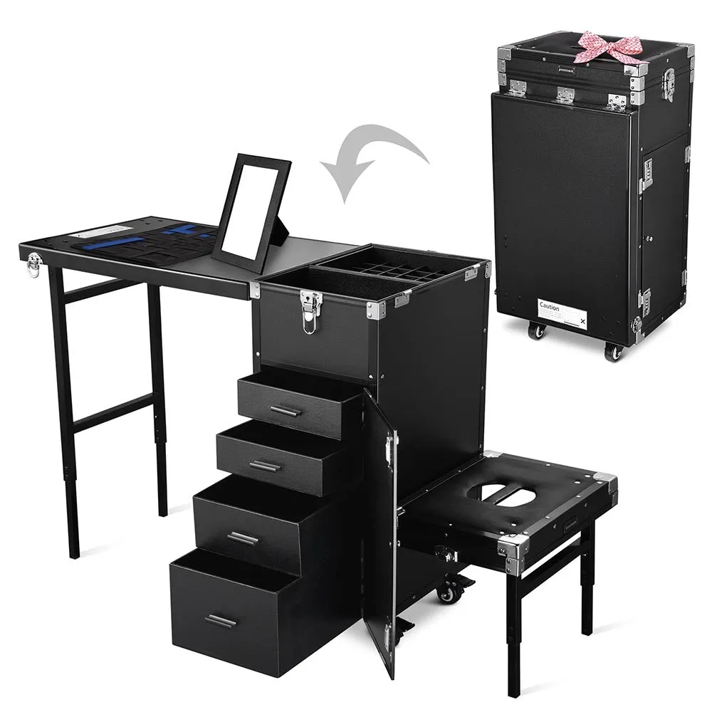 Byootique Rolling Pedicure Table, Hair & Makeup Workstation with Drawers Stool