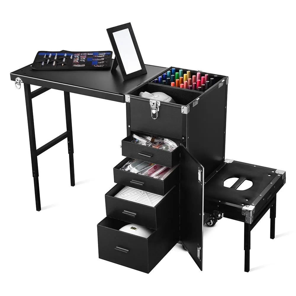 Byootique Rolling Pedicure Table, Hair & Makeup Workstation with Drawers Stool
