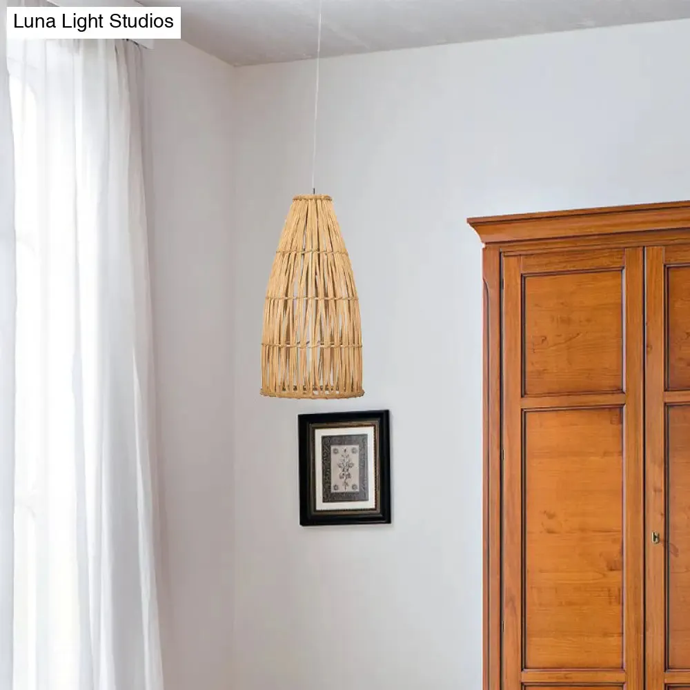 Chinese Bamboo Basket Hanging Pendant Light - Khaki Ceiling Lamp for Dining Room with 1 Bulb