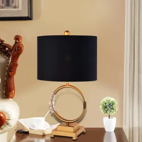 Classic Circular Brass Desk Lamp with Black Fabric Shade - 1 Bulb Task Lighting