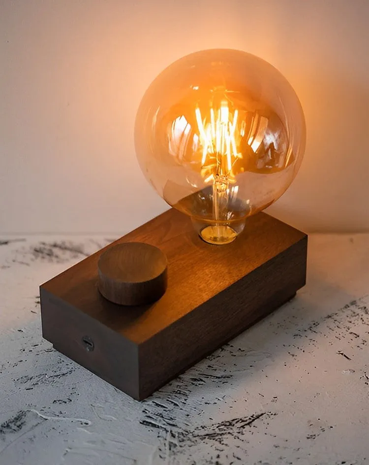 Cordless Wooden Table Lamp with Edison Bulb and Knob Dimmer