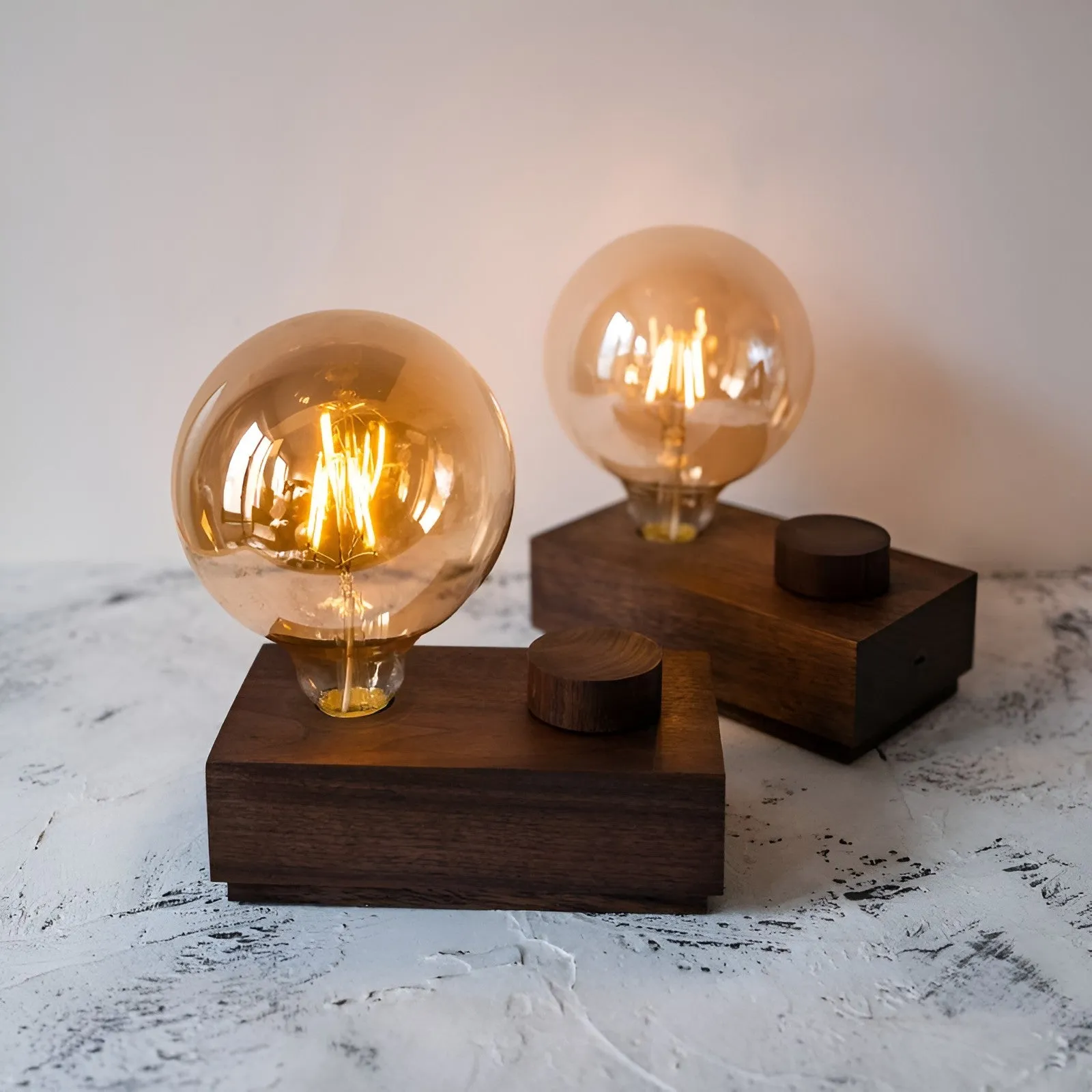 Cordless Wooden Table Lamp with Edison Bulb and Knob Dimmer