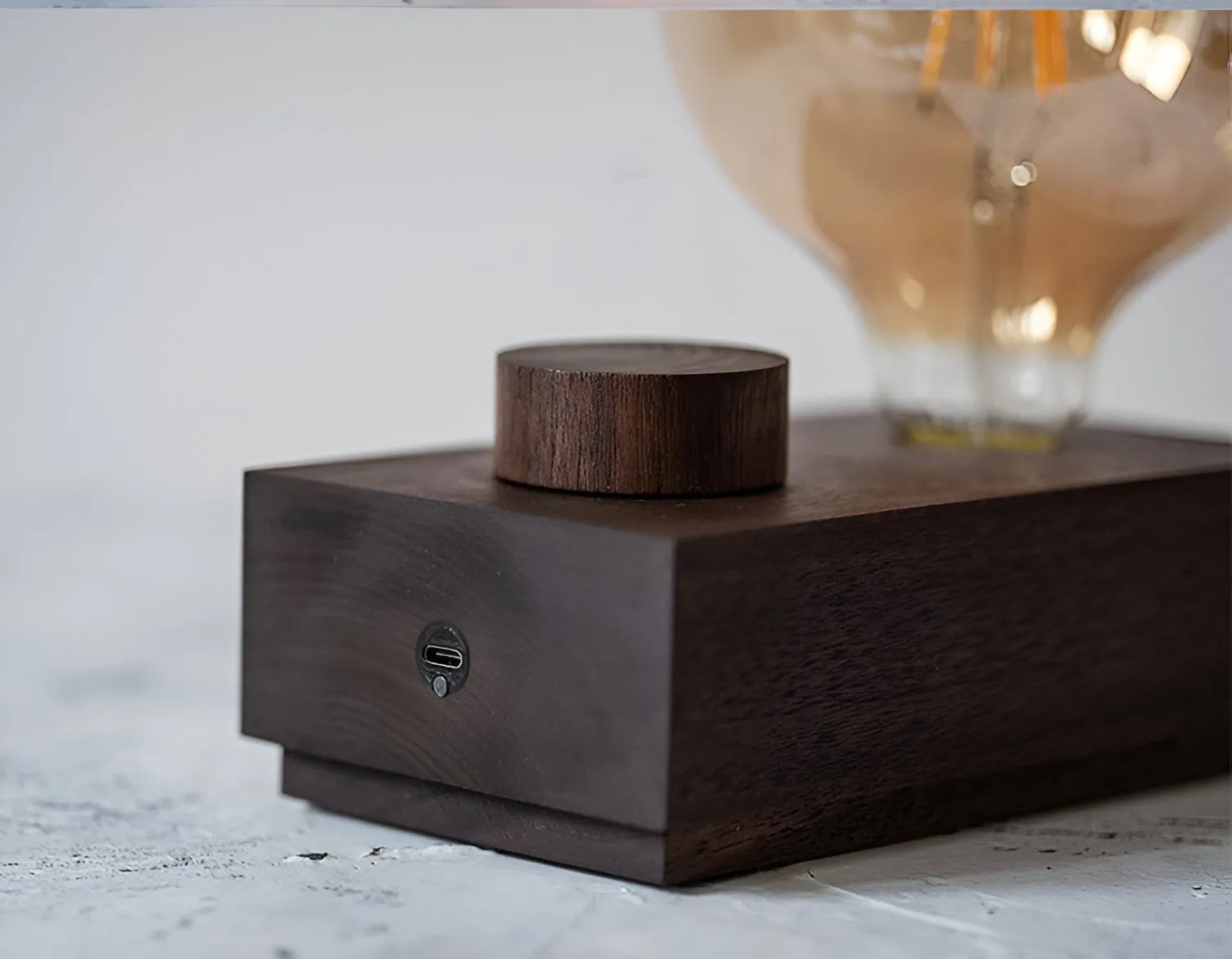 Cordless Wooden Table Lamp with Edison Bulb and Knob Dimmer