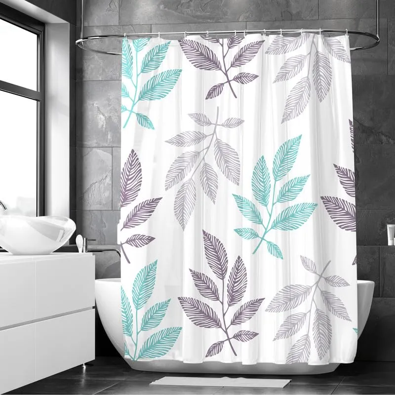Encasa Shower Curtain & Bathmat 3 Pcs Set| Curtain 180x180 cm, Mats 45x75 cm, 45x37.5 cm| Creative Vibrant Coloured Polyster Curtain Sets with Non-Slip Bath mats for Bathroom| Big Leaves