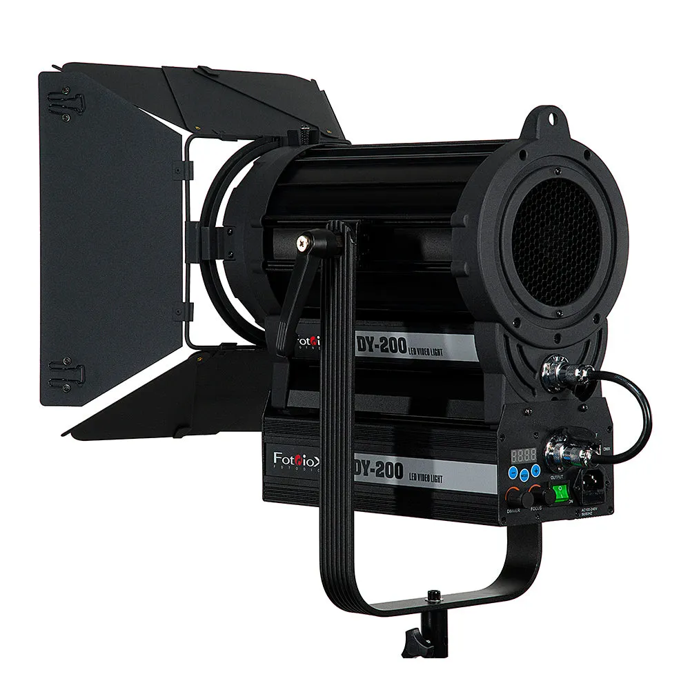 Fotodiox Pro DY-200 Daylight Fresnel LED, High-Intensity LED Fresnel Light for Film & Television - with Remote Dimmable and Focusable Control, 12V AC Power Adapter, Light Stand bracket and Removable Barndoors