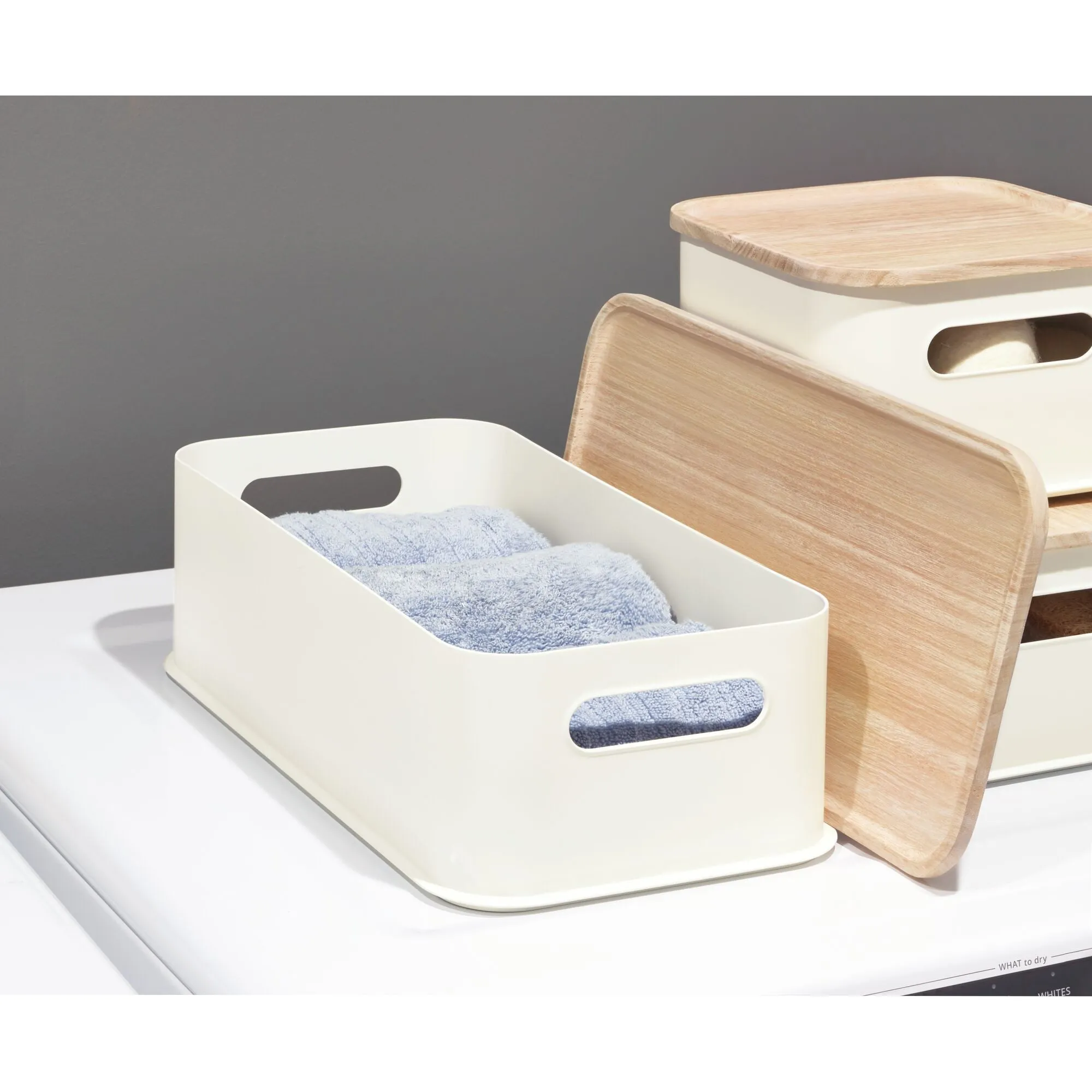 iDesign Plastic Medium Lidded Storage Bin with Handles, Wood/Coconut