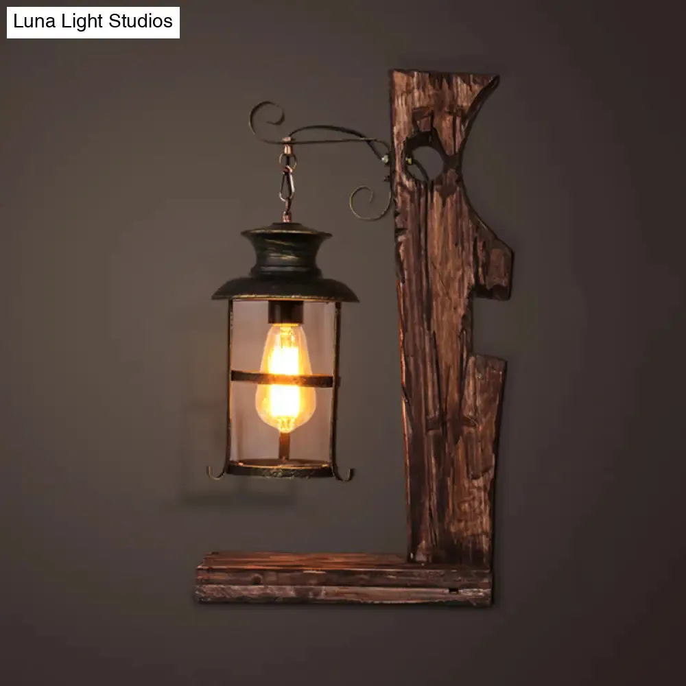 Industrial Style Black Table Lamp: Clear Glass Lantern with Wood Base
