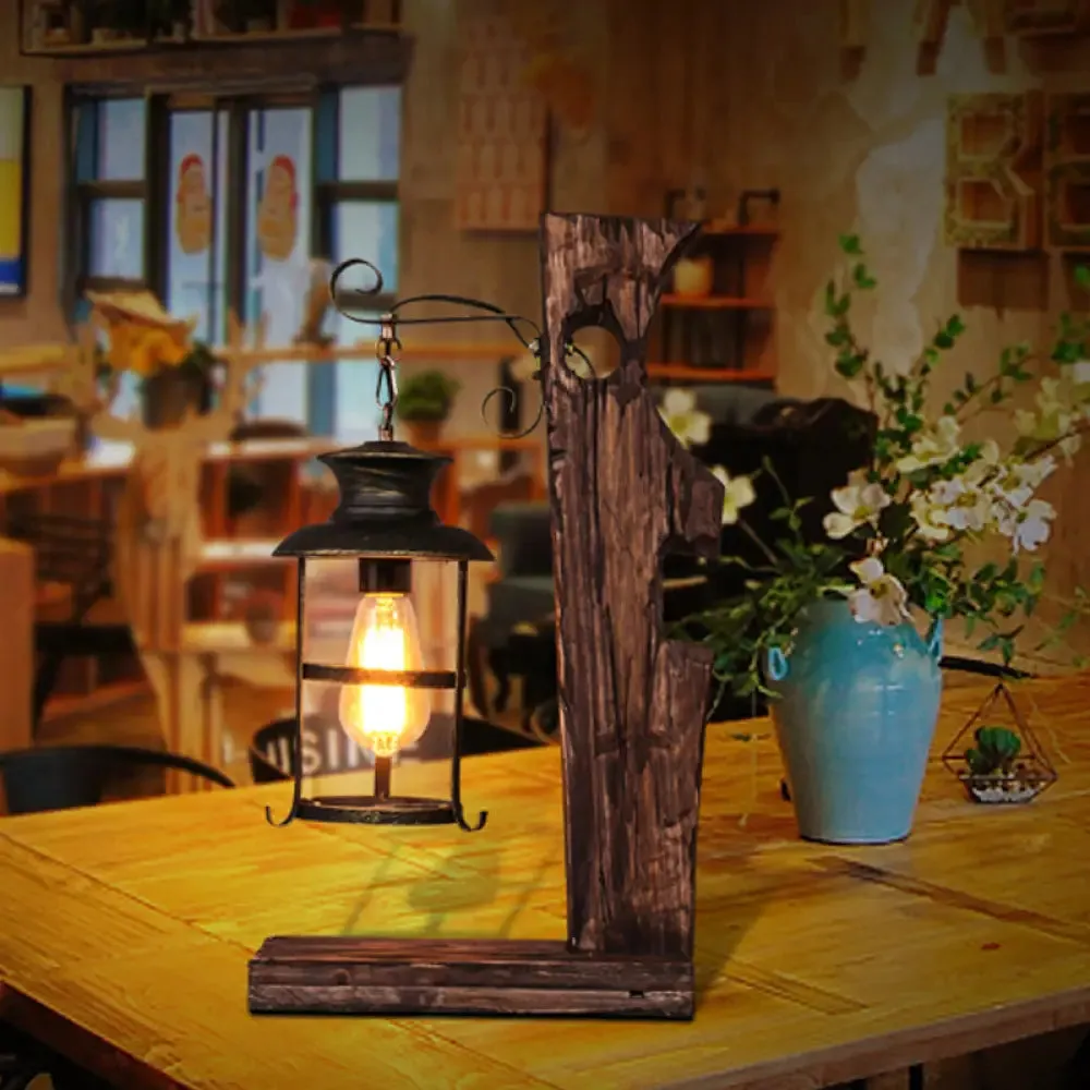 Industrial Style Black Table Lamp: Clear Glass Lantern with Wood Base