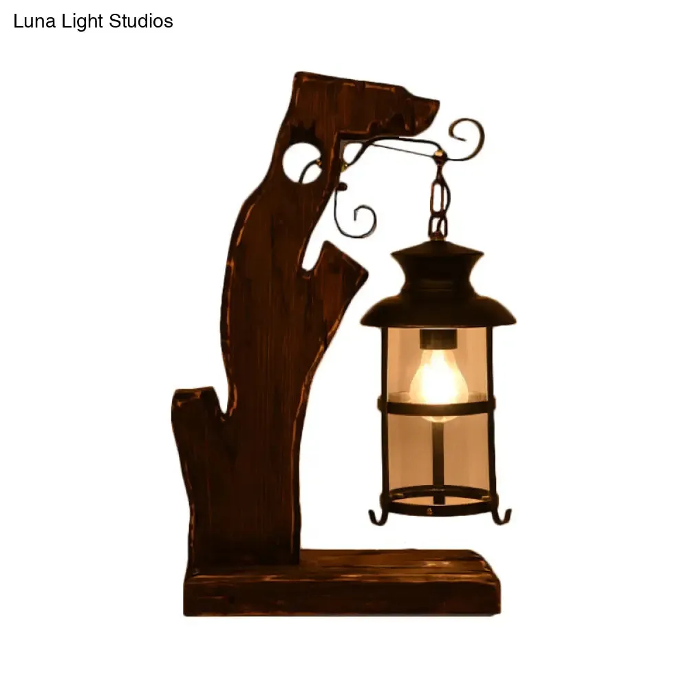 Industrial Style Black Table Lamp: Clear Glass Lantern with Wood Base