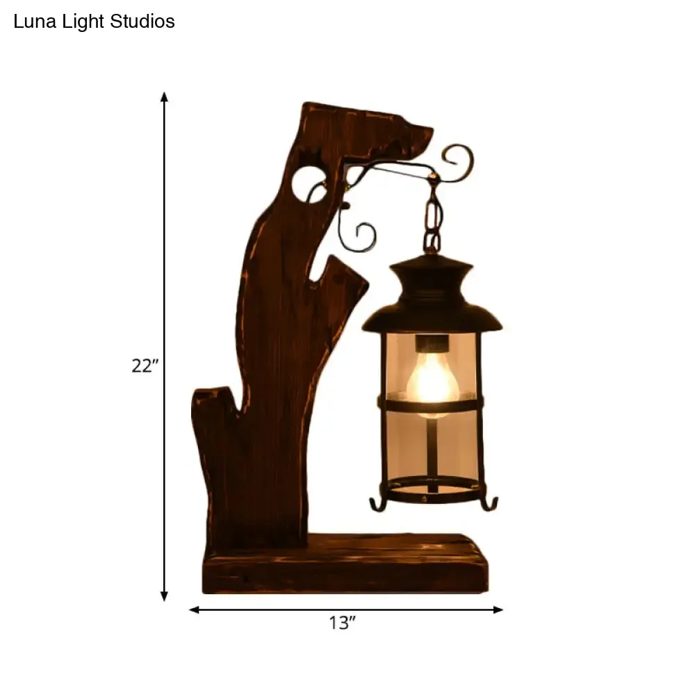 Industrial Style Black Table Lamp: Clear Glass Lantern with Wood Base