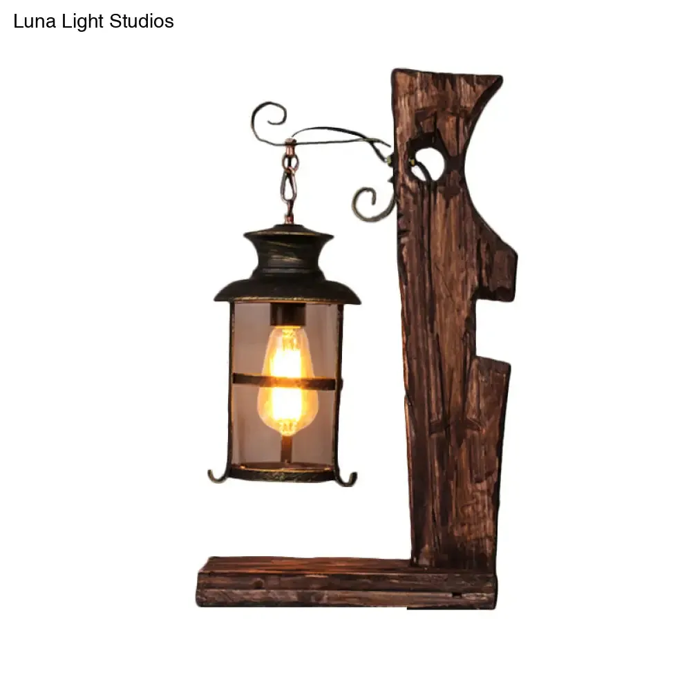 Industrial Style Black Table Lamp: Clear Glass Lantern with Wood Base