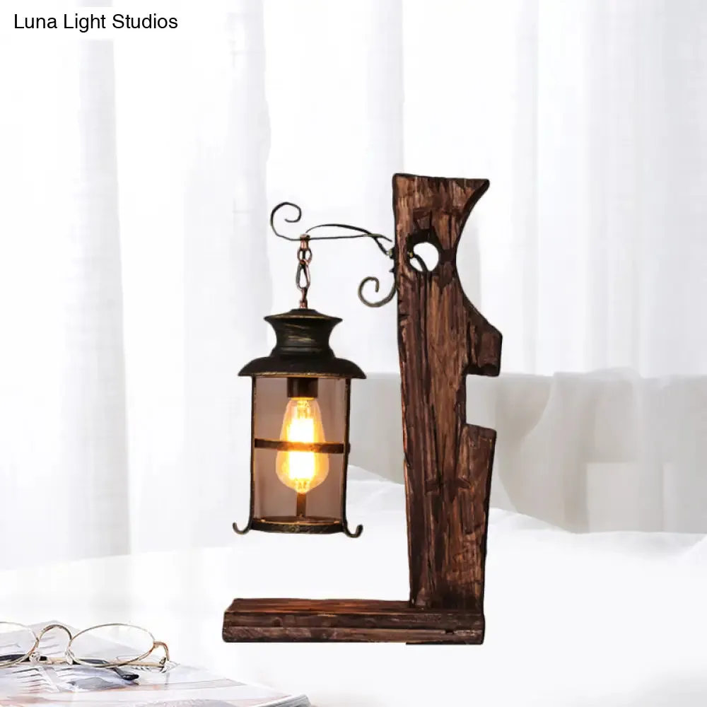 Industrial Style Black Table Lamp: Clear Glass Lantern with Wood Base