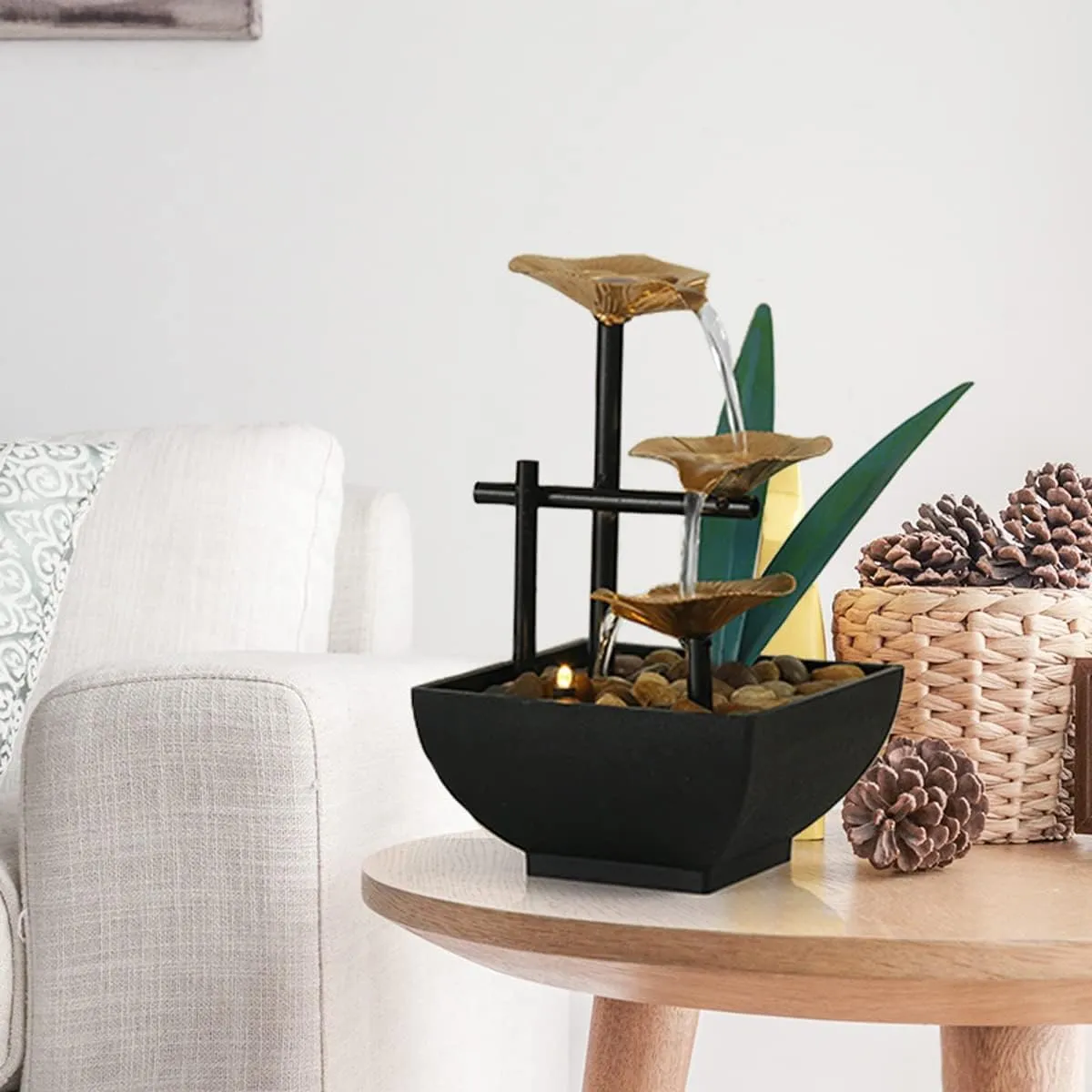 KBKM Metal Tabletop Water Fountain Tablr Auto Three Layer Water FountainHome Decor Ornaments with Waterfall Desktop Leaf Fountains Indoor Zen Relaxation for Office,Living Room,Bedroom Decor for Gift