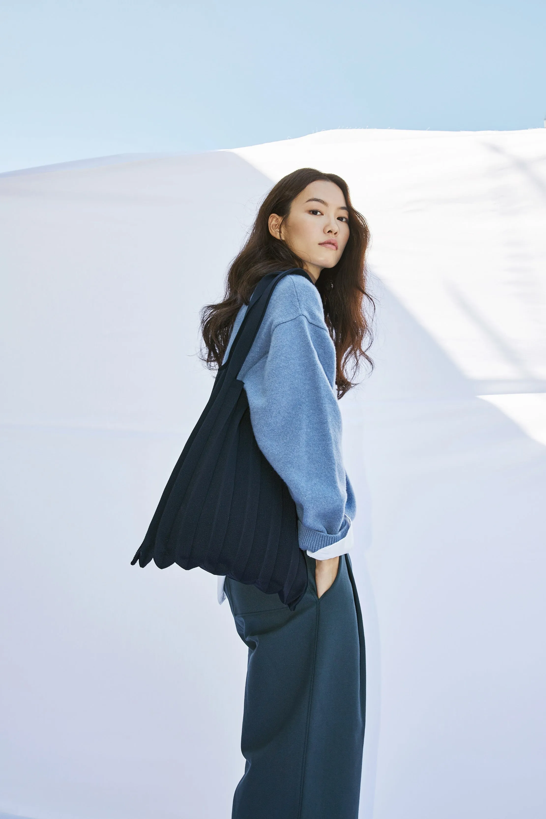 Knit Pleated Shoulder Bag made from Recycled Ocean Plastic - Sage