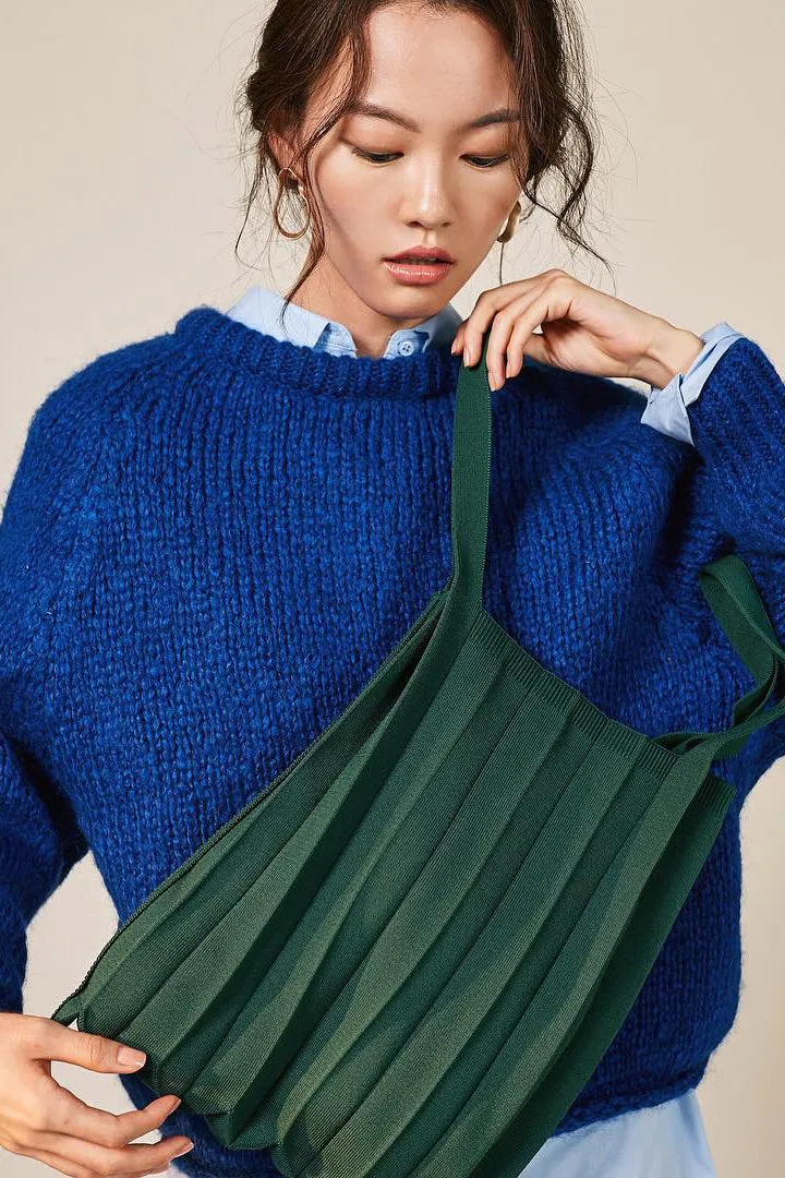 Knit Pleated Shoulder Bag made from Recycled Ocean Plastic - Sage