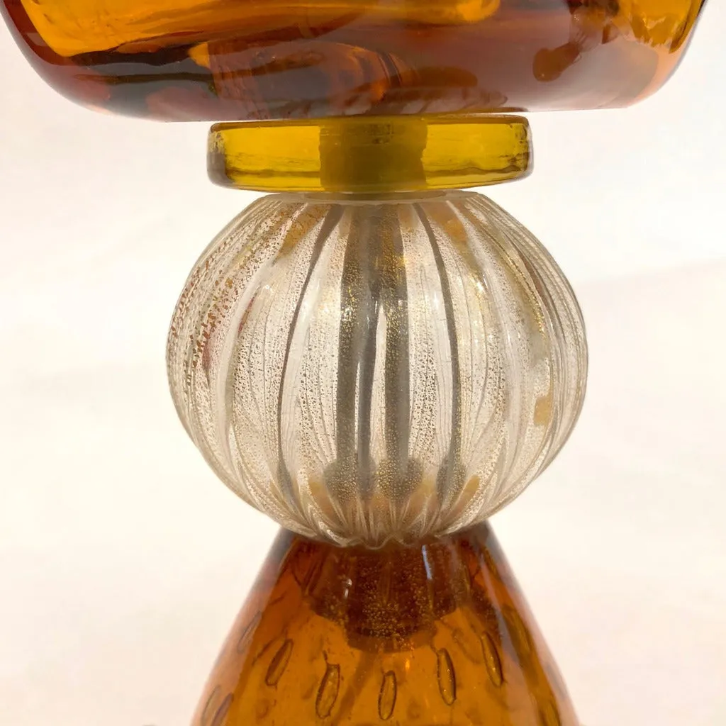Linea Padovan 1970s Vintage Pair of Amber Gold and Crystal Murano Glass Lamps