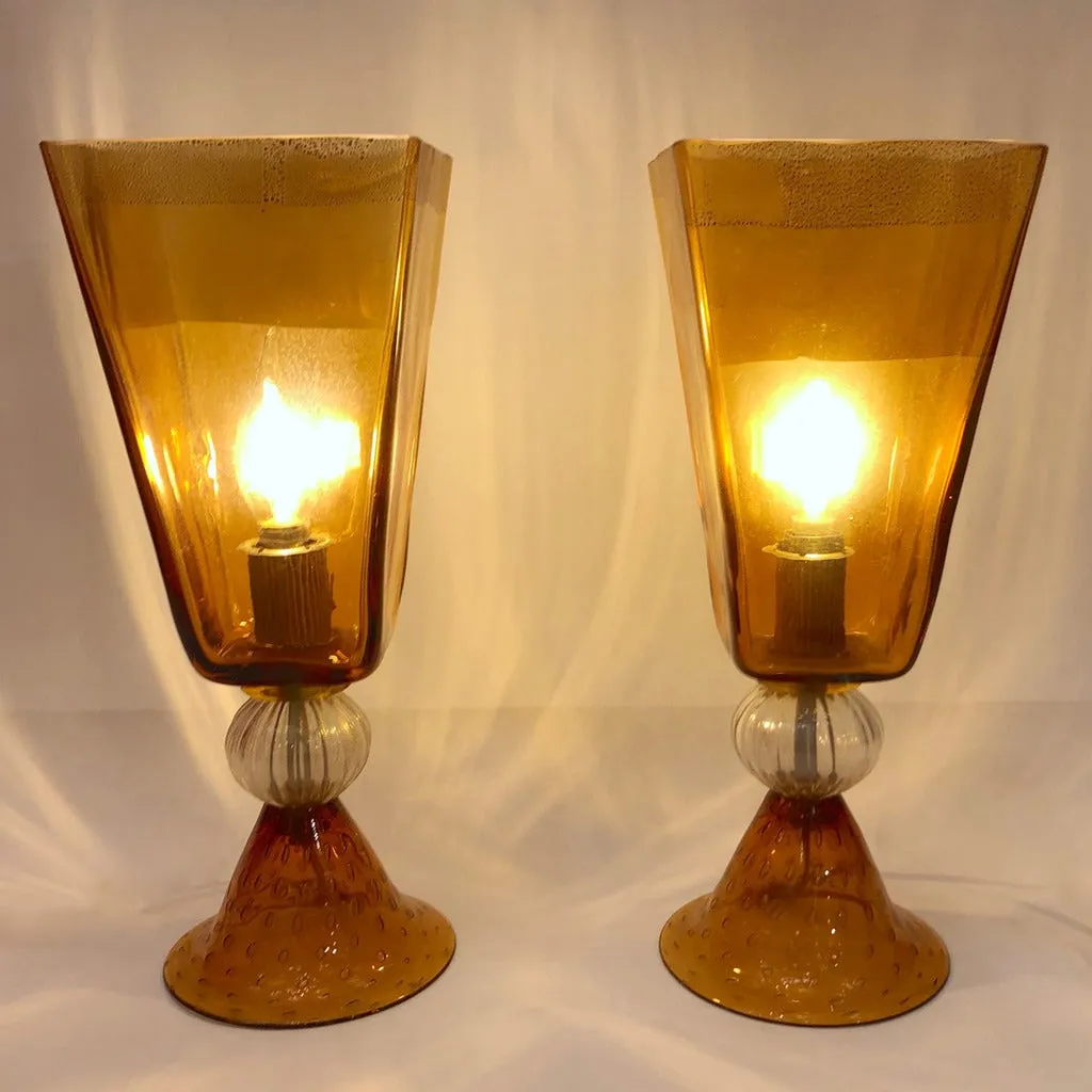 Linea Padovan 1970s Vintage Pair of Amber Gold and Crystal Murano Glass Lamps