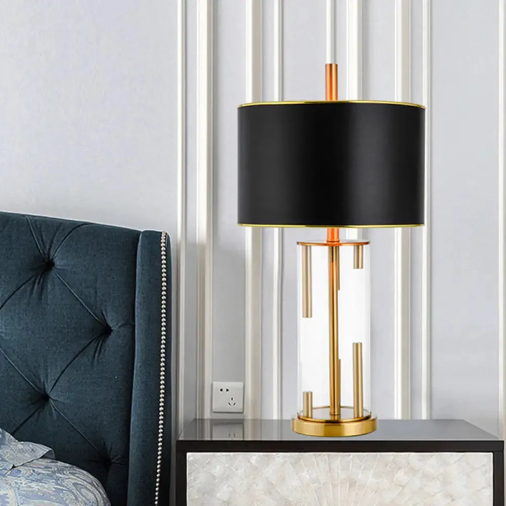 Modern Black Desk Lamp with Fabric Shade - Compact Cylindrical Table Light - 1 Bulb