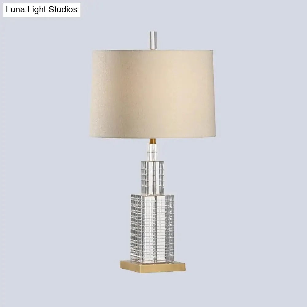 Modern Crystal Desk Lamp with Drum Shade - 1 Bulb Beige Table Light for Dining Room