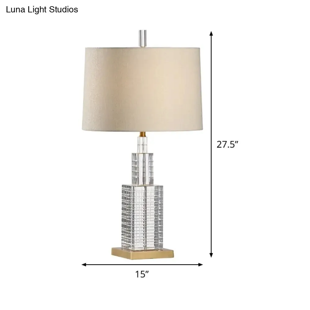 Modern Crystal Desk Lamp with Drum Shade - 1 Bulb Beige Table Light for Dining Room