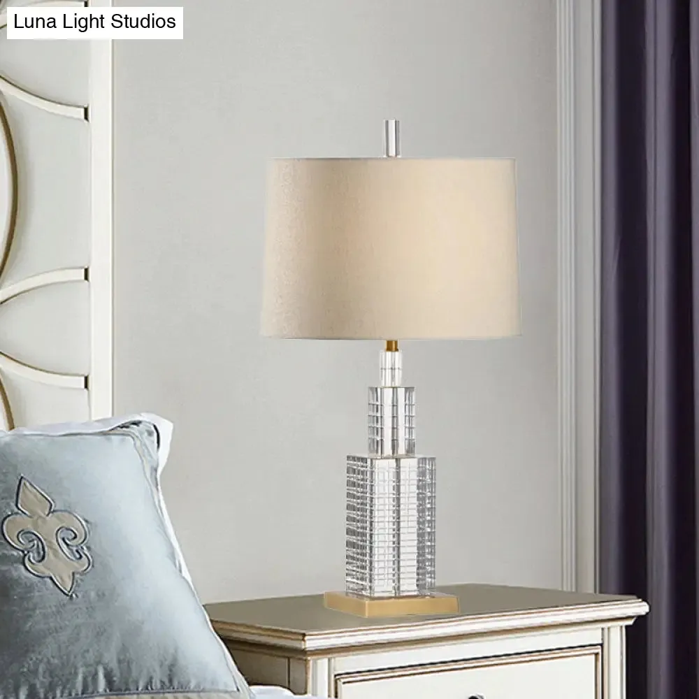 Modern Crystal Desk Lamp with Drum Shade - 1 Bulb Beige Table Light for Dining Room
