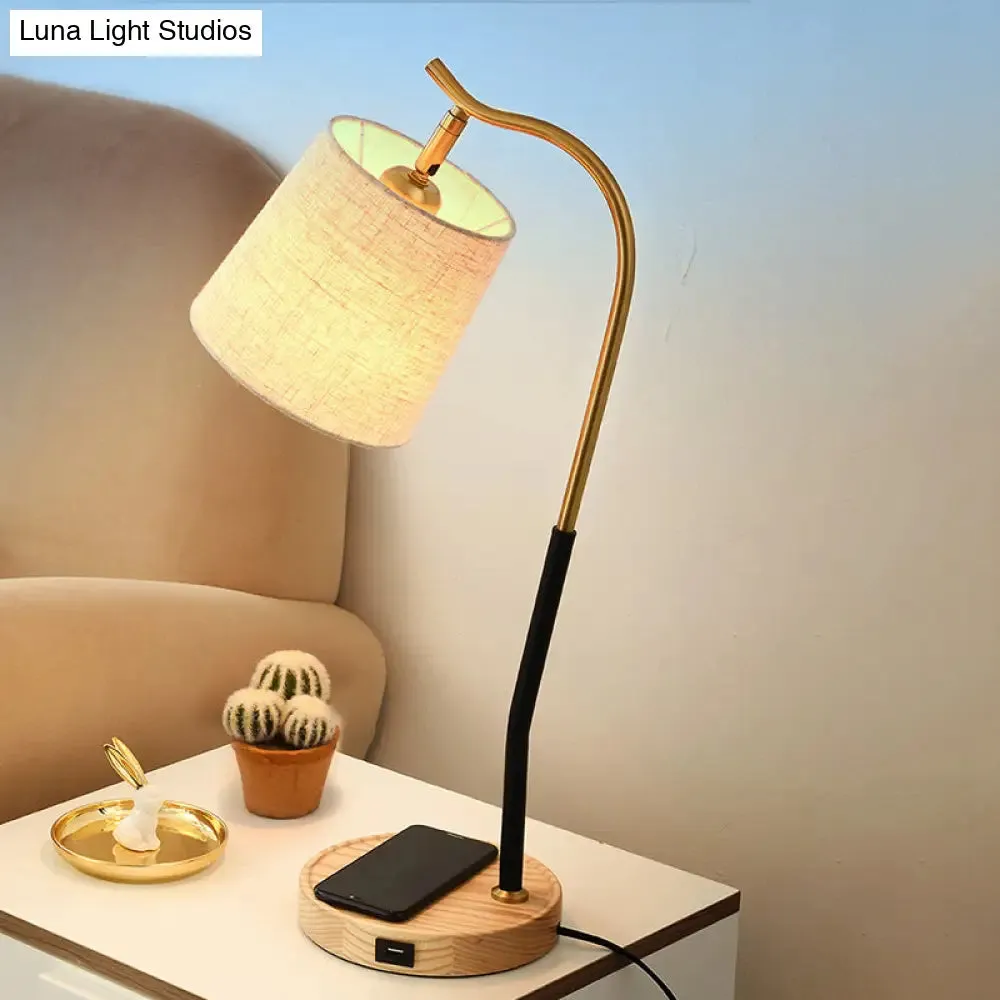 Modern Fabric Barrel Desk Lamp with Curvy Metal Arm - Red/Brown/Beige Night Table Light