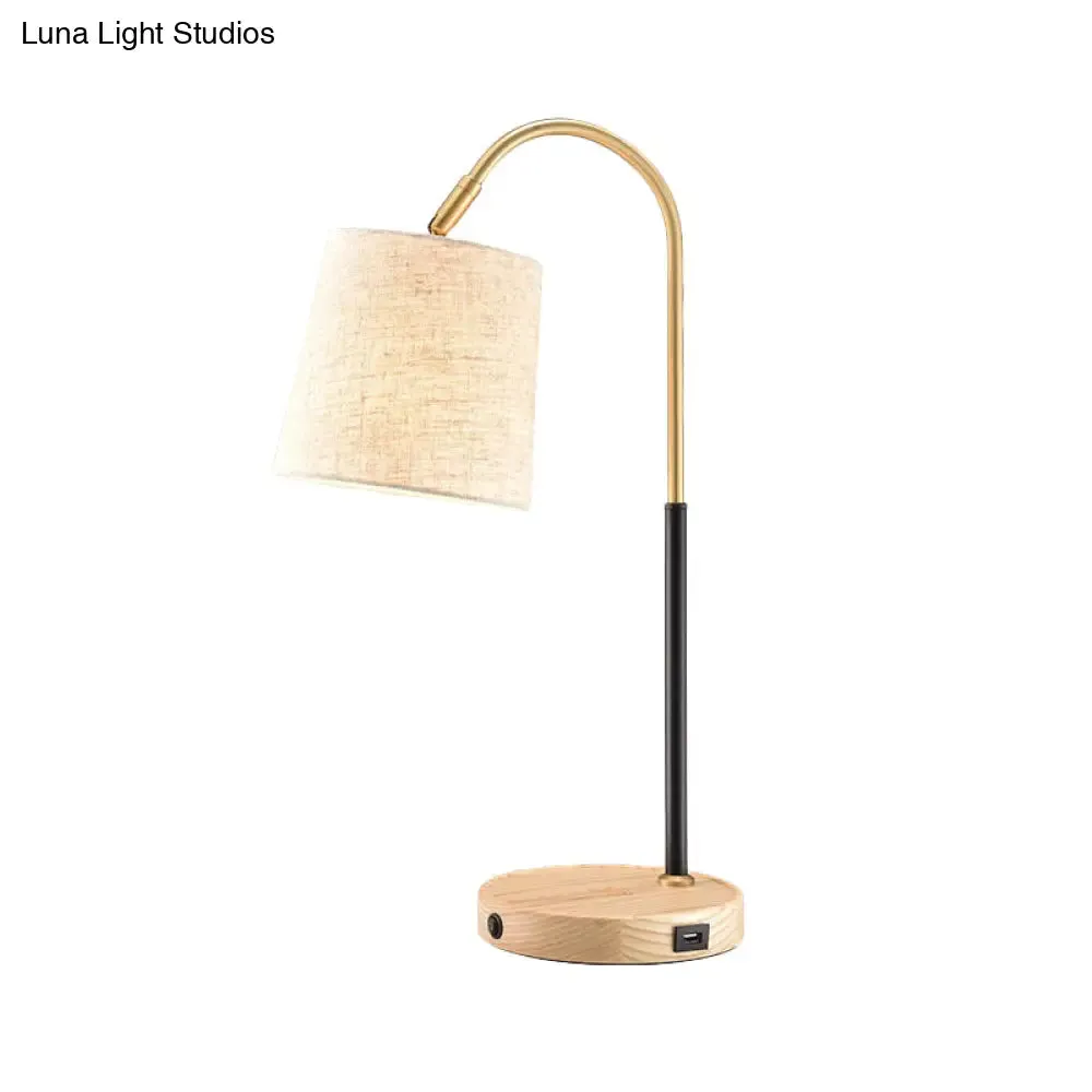 Modern Fabric Barrel Desk Lamp with Curvy Metal Arm - Red/Brown/Beige Night Table Light