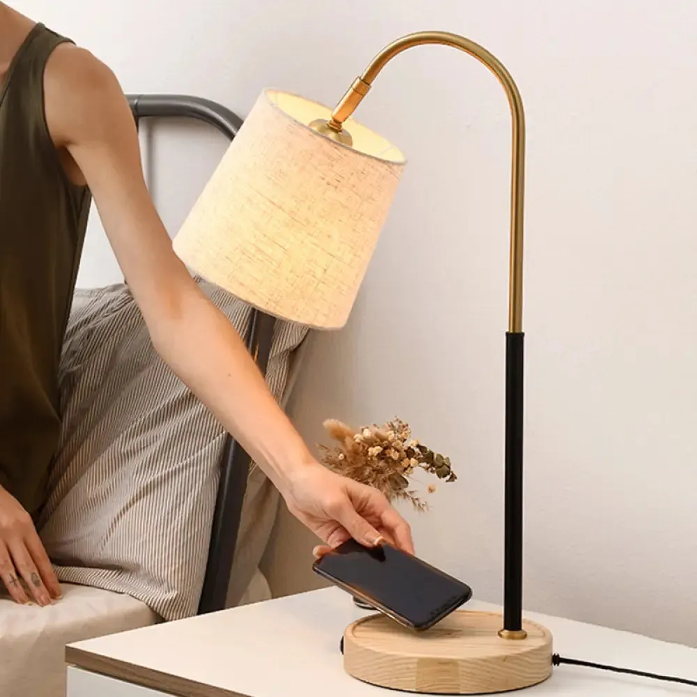 Modern Fabric Barrel Desk Lamp with Curvy Metal Arm - Red/Brown/Beige Night Table Light