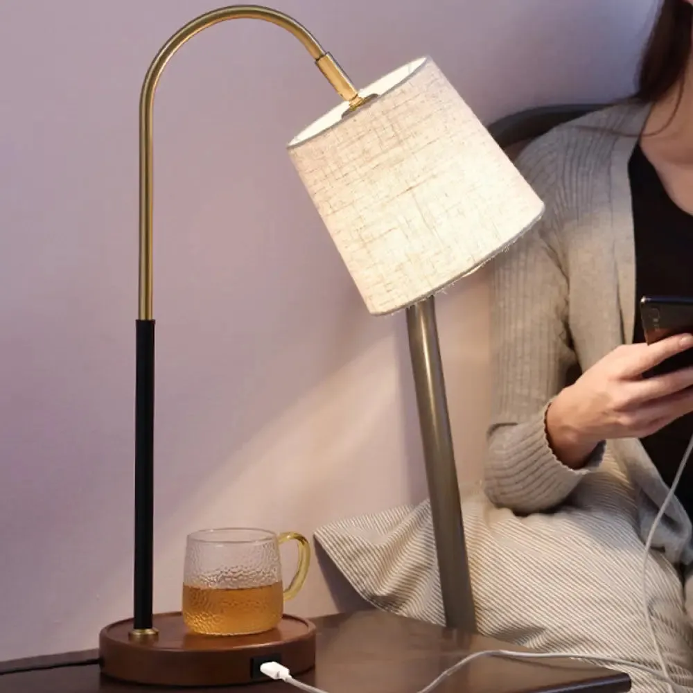 Modern Fabric Barrel Desk Lamp with Curvy Metal Arm - Red/Brown/Beige Night Table Light
