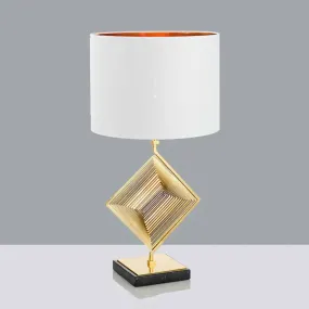 Modern Gold Metal Pyramid Bedside Lamp with White Fabric Shade