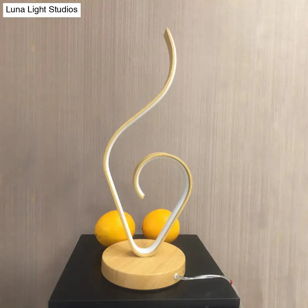 Modern LED Desk Lamp with Swirly Acrylic Design & Round Wood Base - Beige Night Table Lighting