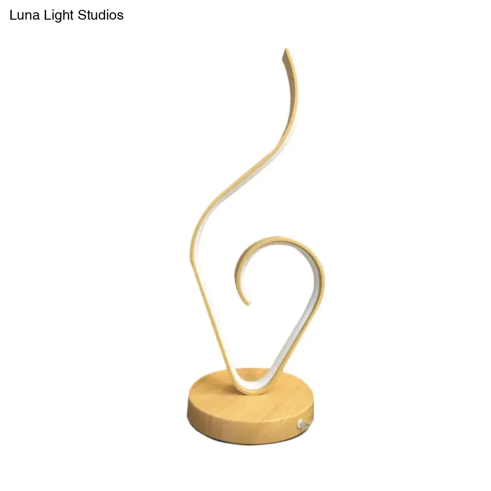 Modern LED Desk Lamp with Swirly Acrylic Design & Round Wood Base - Beige Night Table Lighting