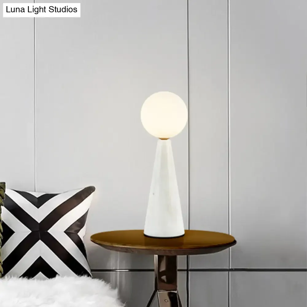 Modern Milk Glass Ball Desk Light - 1 Bulb Table Lamp with Black/White Marble Base