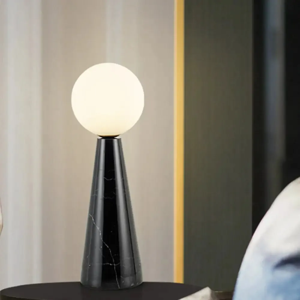 Modern Milk Glass Ball Desk Light - 1 Bulb Table Lamp with Black/White Marble Base