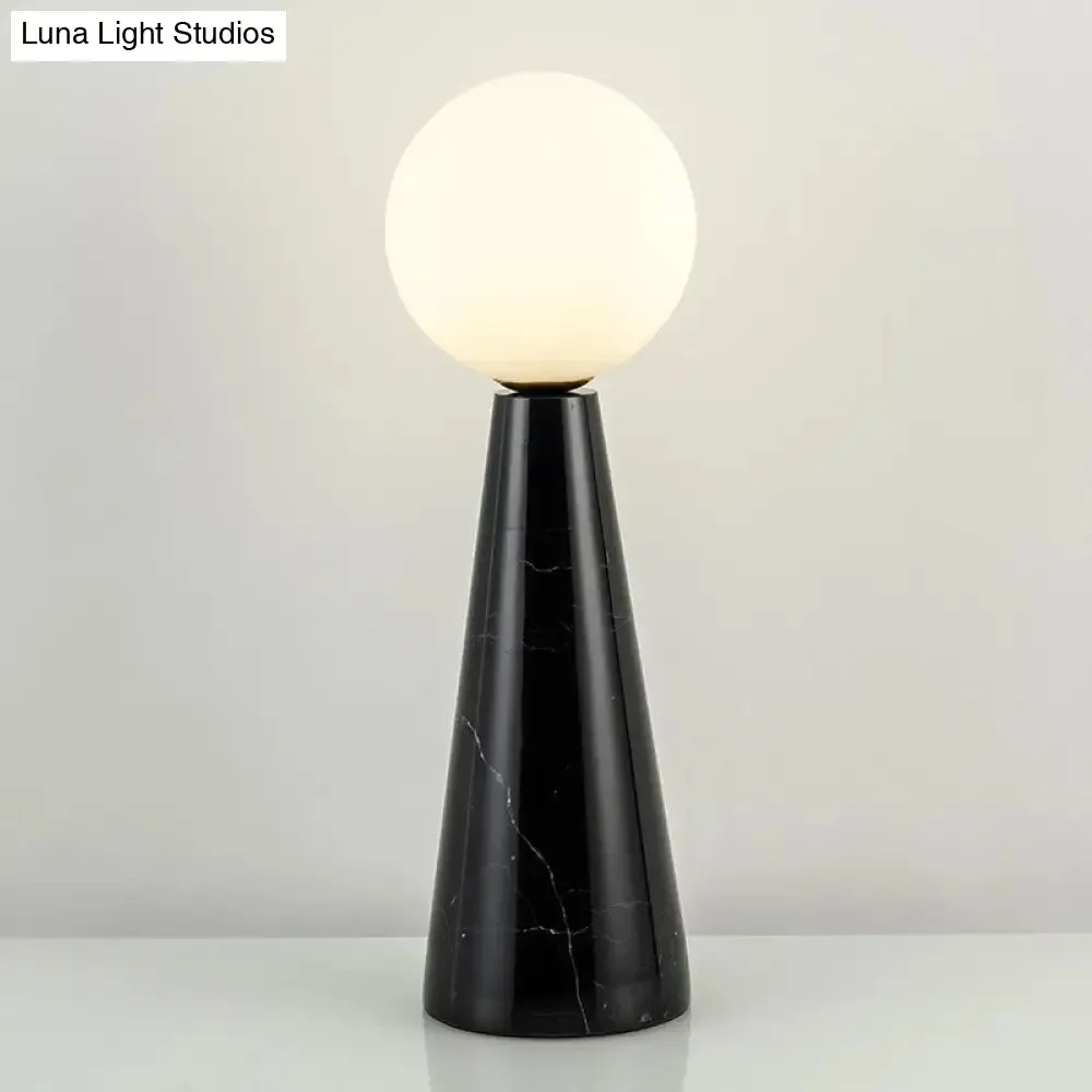 Modern Milk Glass Ball Desk Light - 1 Bulb Table Lamp with Black/White Marble Base