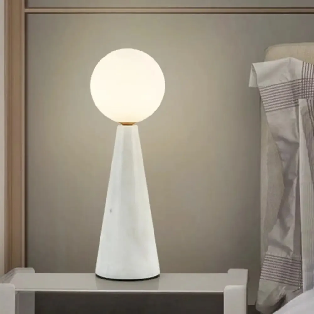 Modern Milk Glass Ball Desk Light - 1 Bulb Table Lamp with Black/White Marble Base