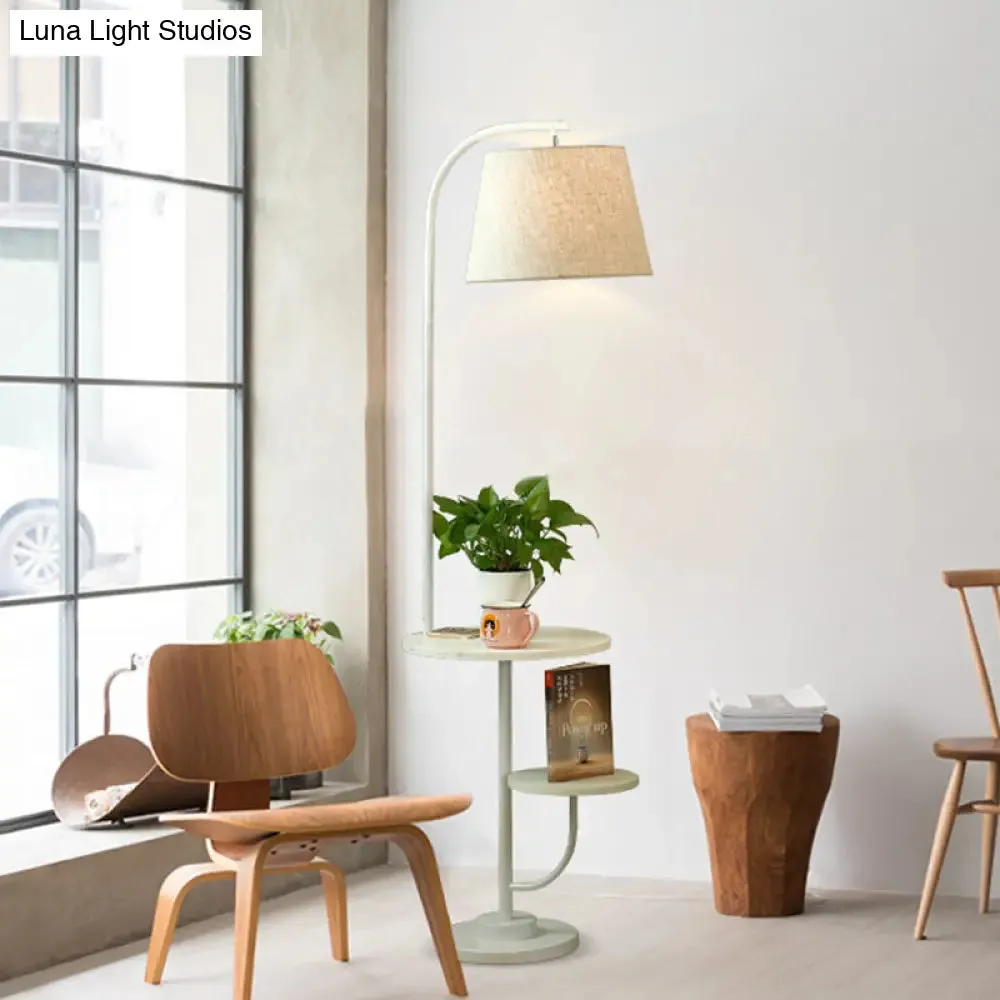 Modern White Arced Floor Lamp with Barrel Fabric Shade - Single Living Room Stand Desk Light