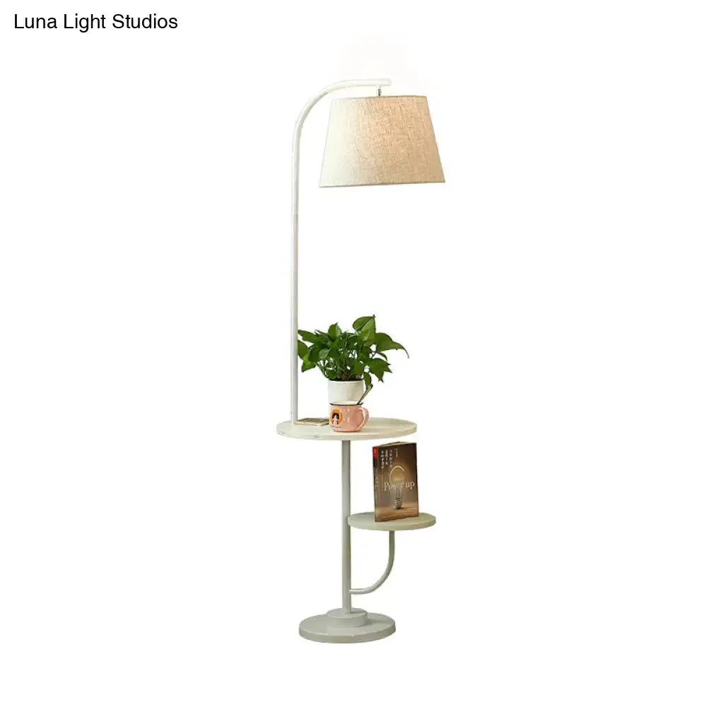 Modern White Arced Floor Lamp with Barrel Fabric Shade - Single Living Room Stand Desk Light